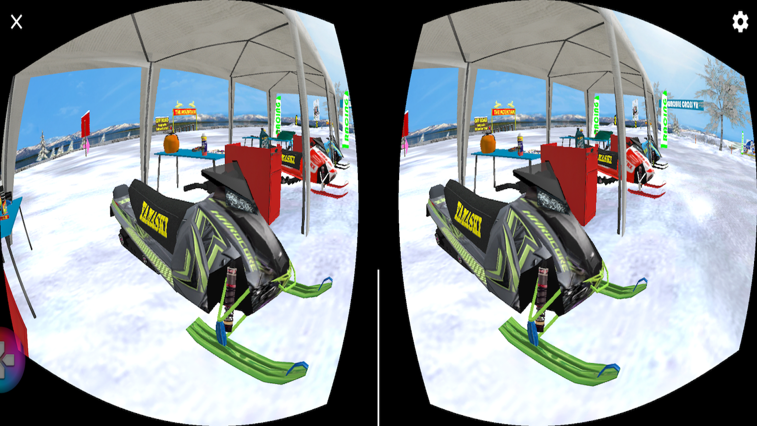Snowmobile Cross VR. Tree sleds at the pitstop area.
