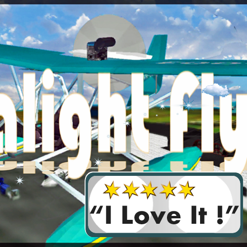 Blue open frame ultralight aircraft with airport building in background